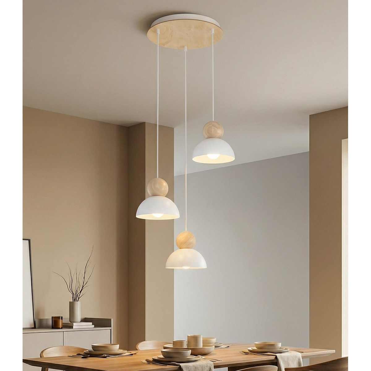Lampada a sospensione KAKI in acciaio bianco opaco e legno