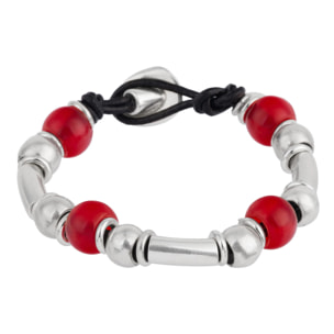 Pulsera cuero y plata Liss multibead rojo