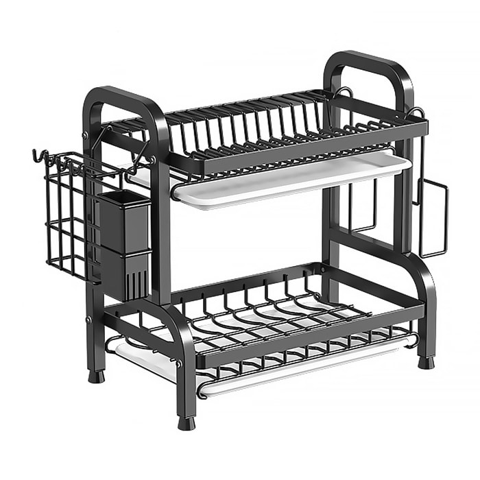 Repisa de cocina metálica para cubiertos. Escurridor de platos. Estante organizador para secar y guardar utensilios de cocina. 2 niveles con bandeja escurridora y accesorios.