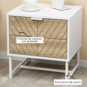 Mesilla de Noche con 2 Cajones Mesita de Noche con Patas de Acero Gabinete de Noche para Salón Dormitorio Cama 45x39x48 cm Blanco y Roble