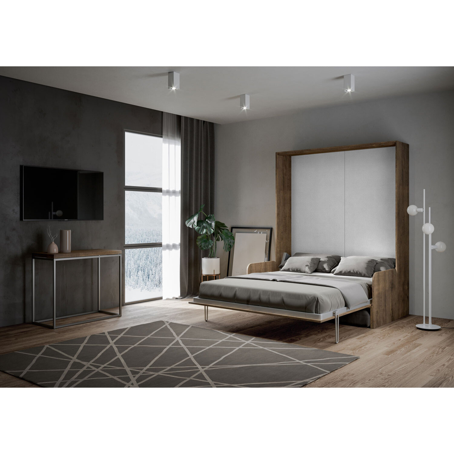 Armoire Lit escamotable vertical double 160 KENTARO avec canapé Noyer (ALESSIA 20)