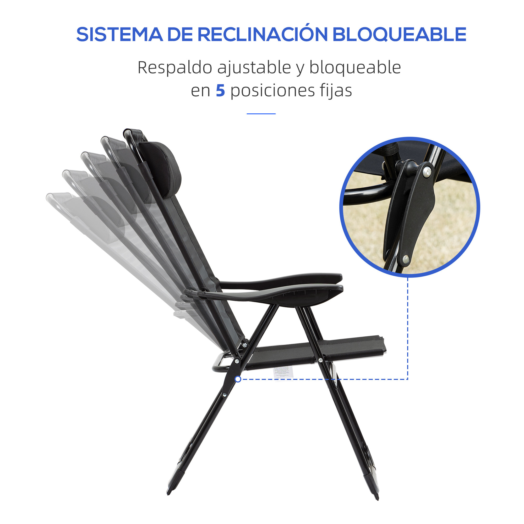 Conjunto de 2 Sillas de Camping Plegables Sillas de Jardín con Reposacabezas Desmontable y Respaldo Reclinable en 5 Niveles Carga 120 kg para Terraza Playa 62x70x109 cm Negro