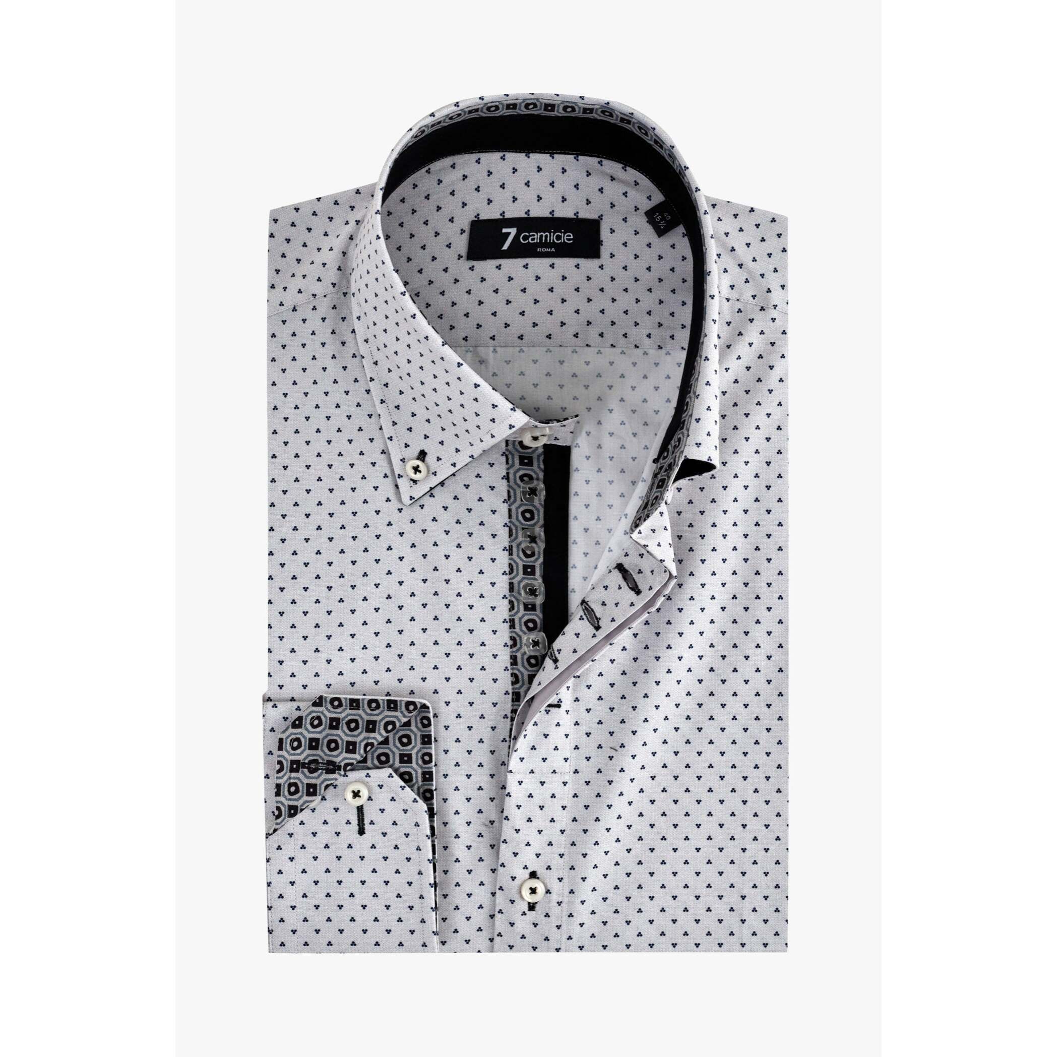 Camicia Uomo 2 Bottoni Button Down Slim Popeline Stampato Grigio/Nero