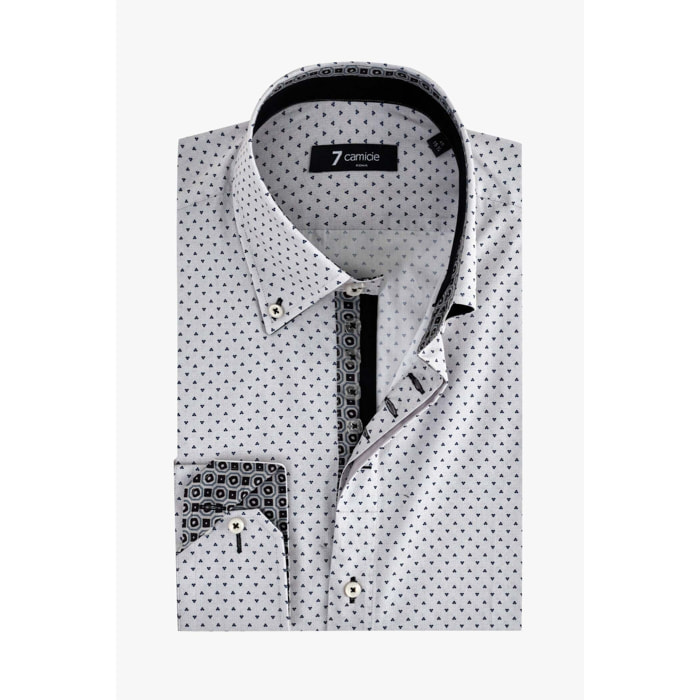Camicia Uomo 2 Bottoni Button Down Slim Popeline Stampato Grigio/Nero