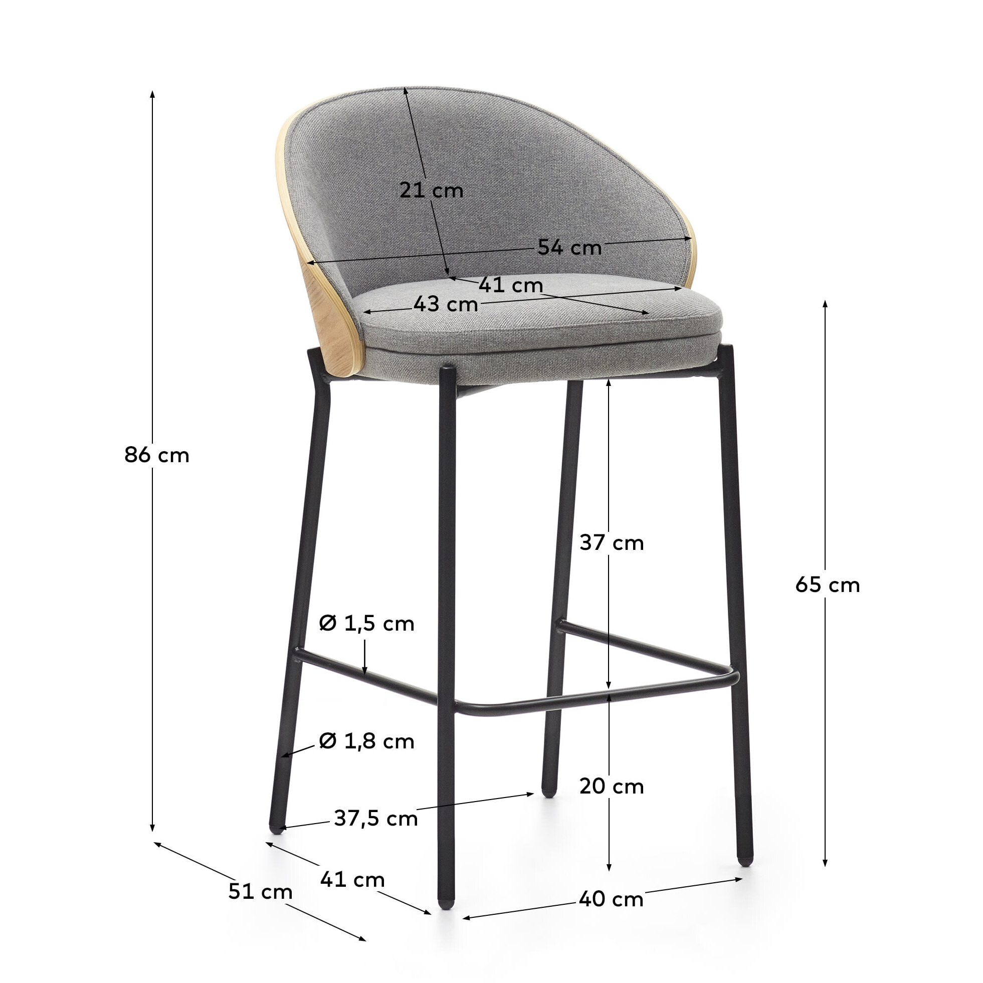 Kave Home - Sgabello Eamy in ciniglia grigio chiaro impiallacciato frassino  finitura naturale, metall