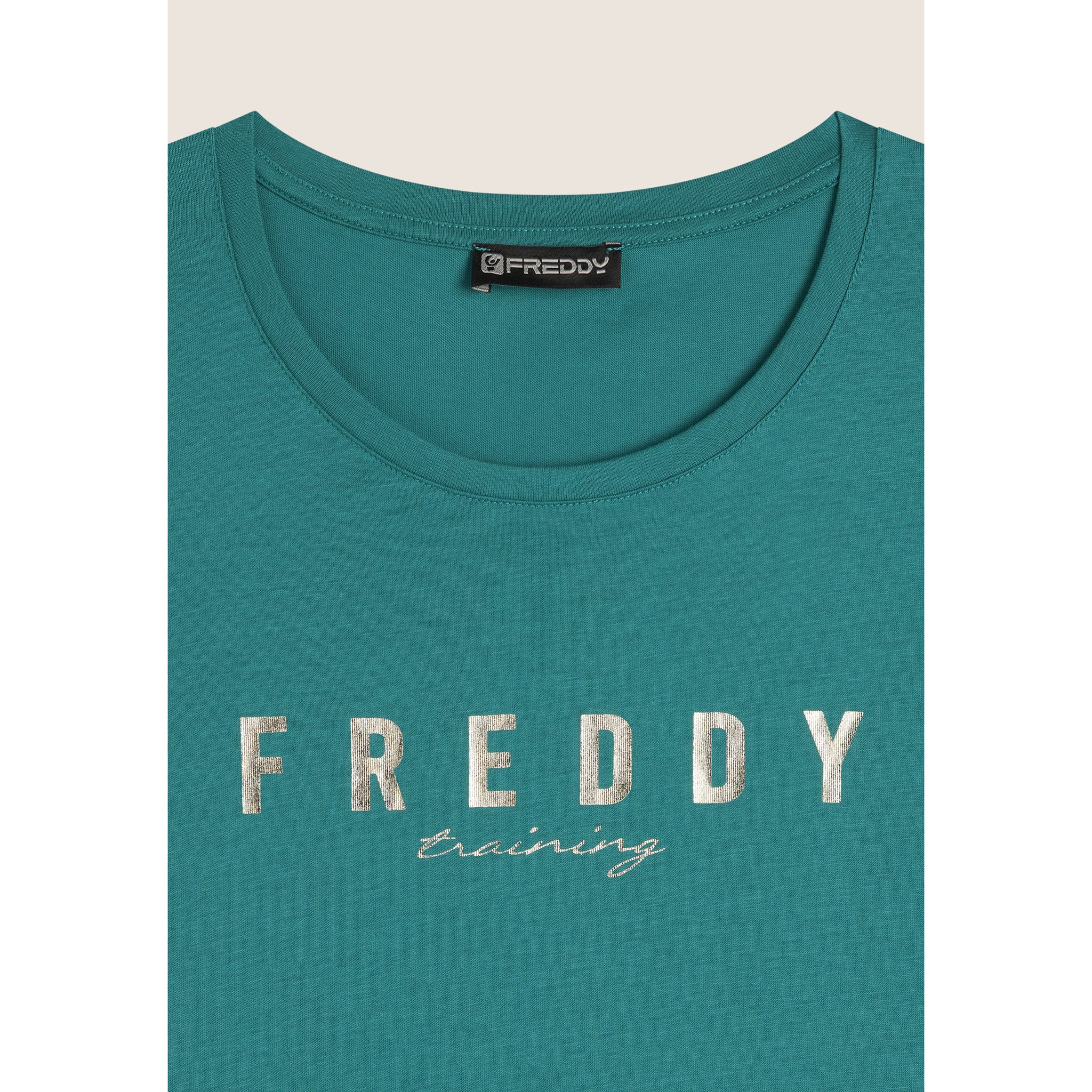 T-shirt in jersey con logo oro chiaro sul fronte