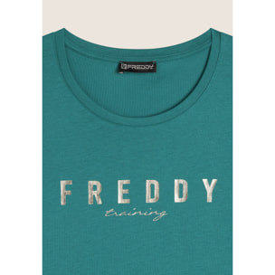 T-shirt in jersey con logo oro chiaro sul fronte