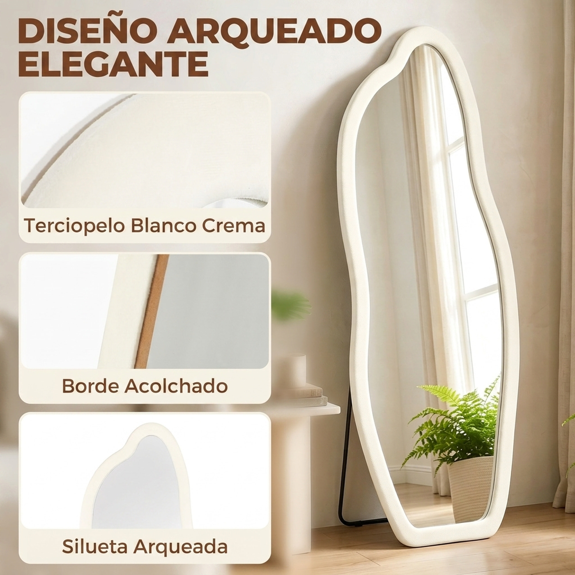 Espejo de Cuerpo Entero, 160x60 cm, Espejo de Pie, Marco Arqueado Aterciopelado, Independiente, Apoyado y de Pared, para Dormitorio, Salón, Vestidor, Crema