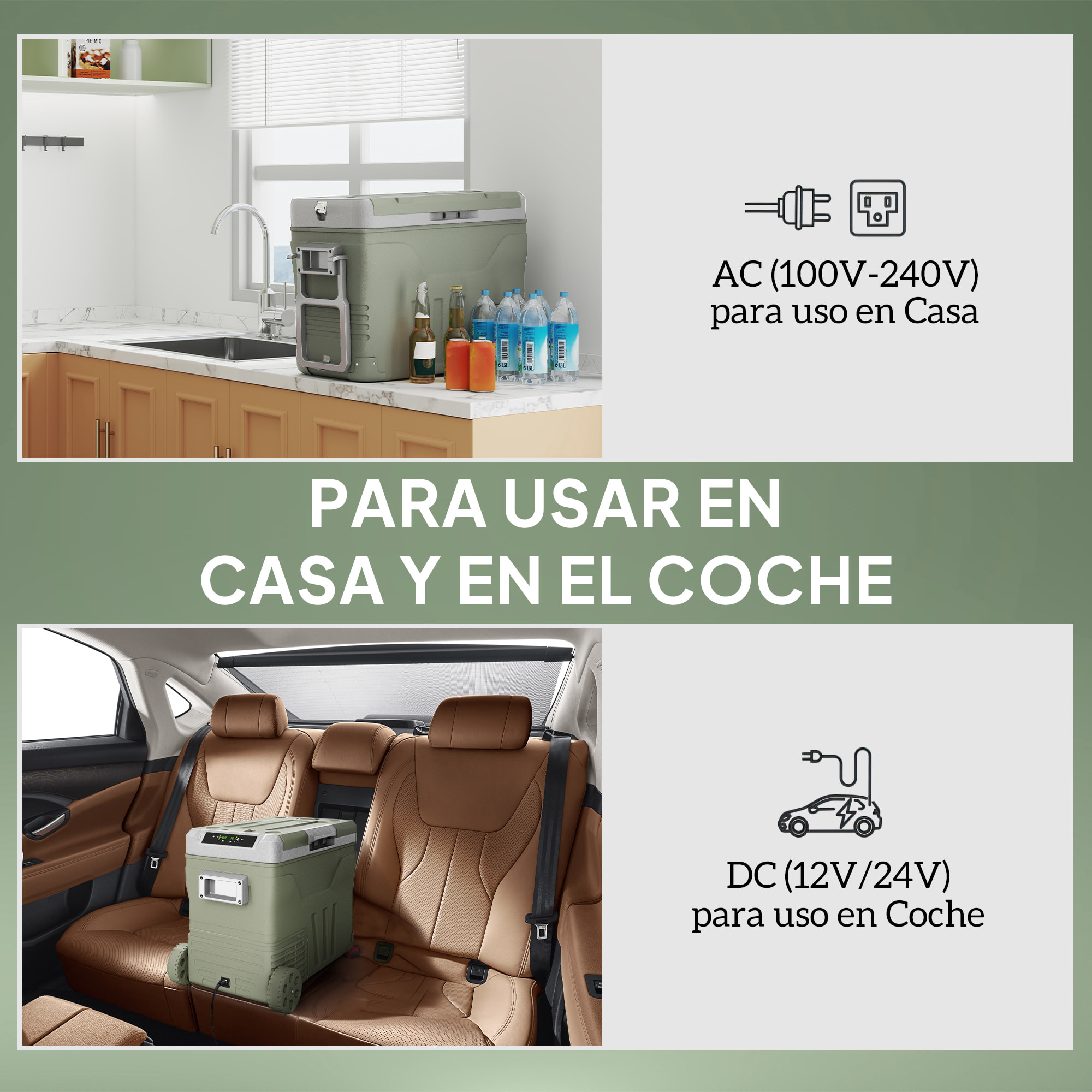 Nevera Portátil Eléctrica 45L Refrigerador de Coche -20℃ a +20 ℃ 12V/24V Mini Frigorífico con Ruedas Compresor Pantalla LED Táctil para Hogar Camping Viajes Automóvil 64,5x43,5x53 cm Verde