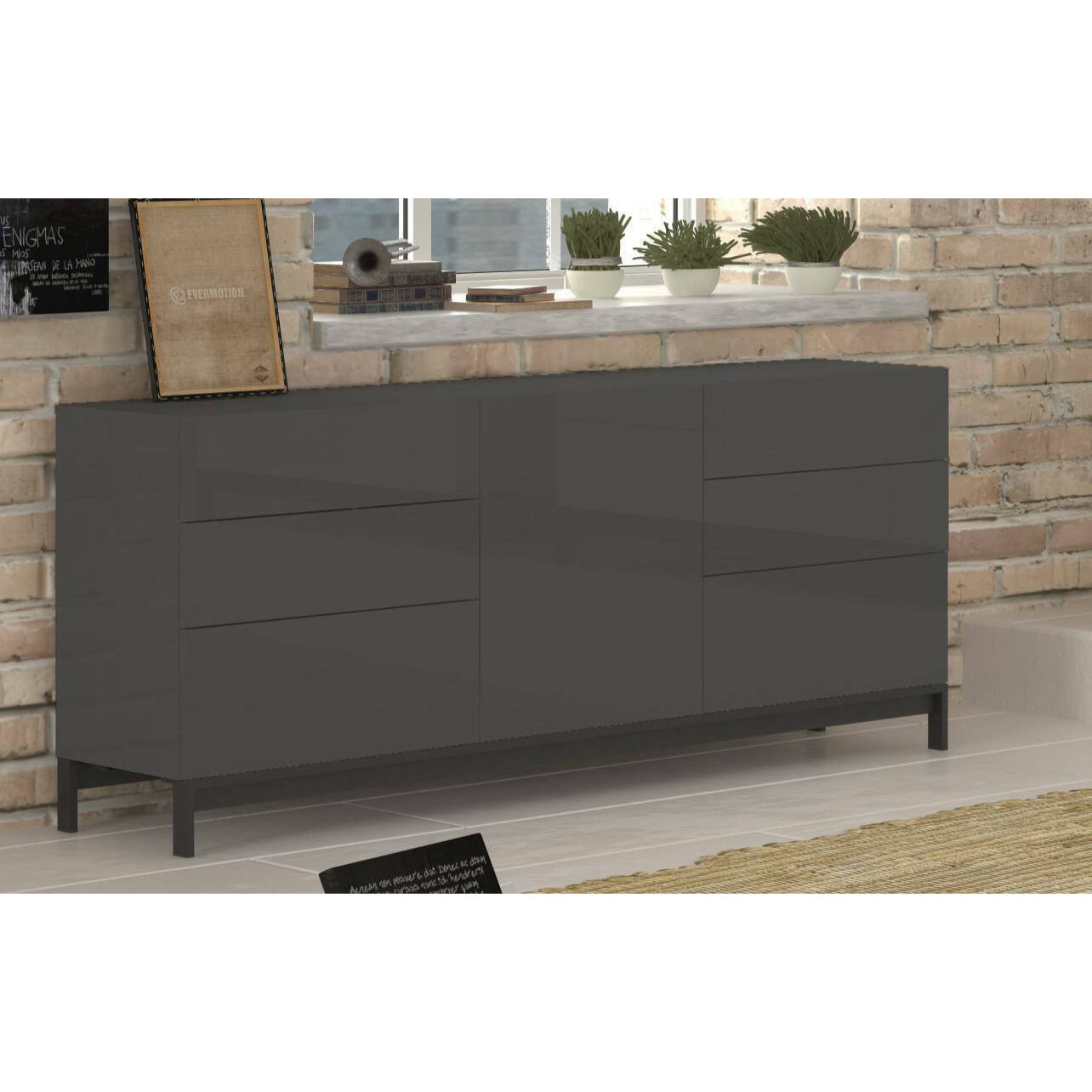 Credenza moderna a 1 anta e 6 cassetti, Made in Italy, Madia da cucina, Buffet di design da soggiorno, con piedini, cm 170x40h47, colore Antracite lucido