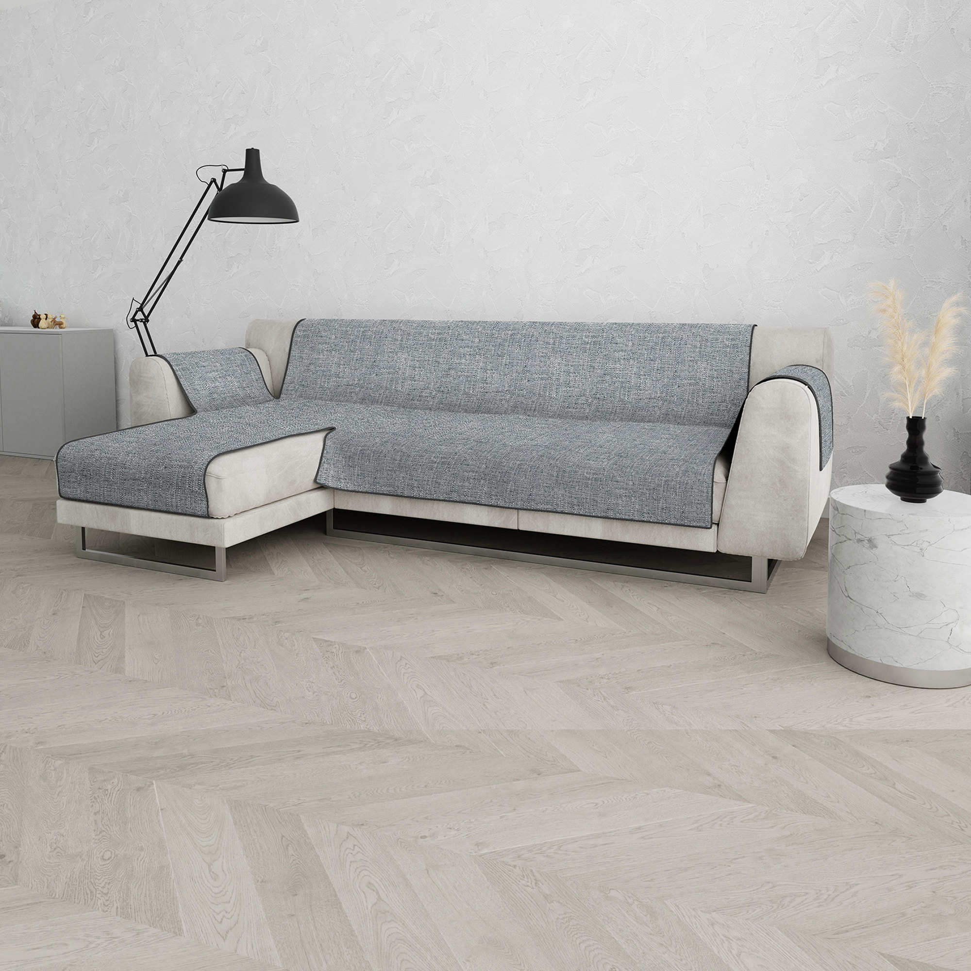 COPRIDIVANO PENISOLA SINISTRA COMFORT, Antiscivolo, Cotone+Microfibra+Fibre Varie, Made in Italy - GRIGIO SCURO