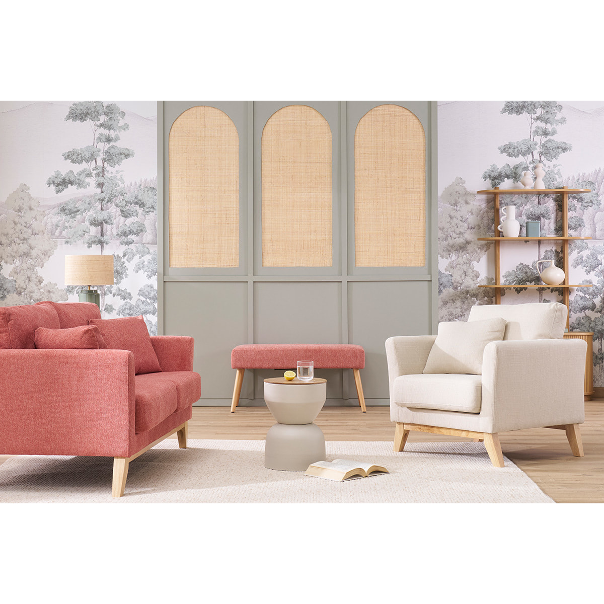 Banc scandinave capitonné en tissu effet velours texturé terracotta et bois clair L96 cm GUESTA