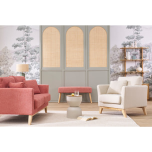 Banc scandinave capitonné en tissu effet velours texturé terracotta et bois clair L96 cm GUESTA