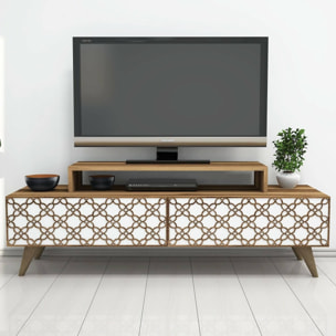 Mobile porta TV Dpierobo, Credenza da soggiorno, Armadio basso per TV, Base parete attrezzata, 140x42h49 cm, Noce e Bianco