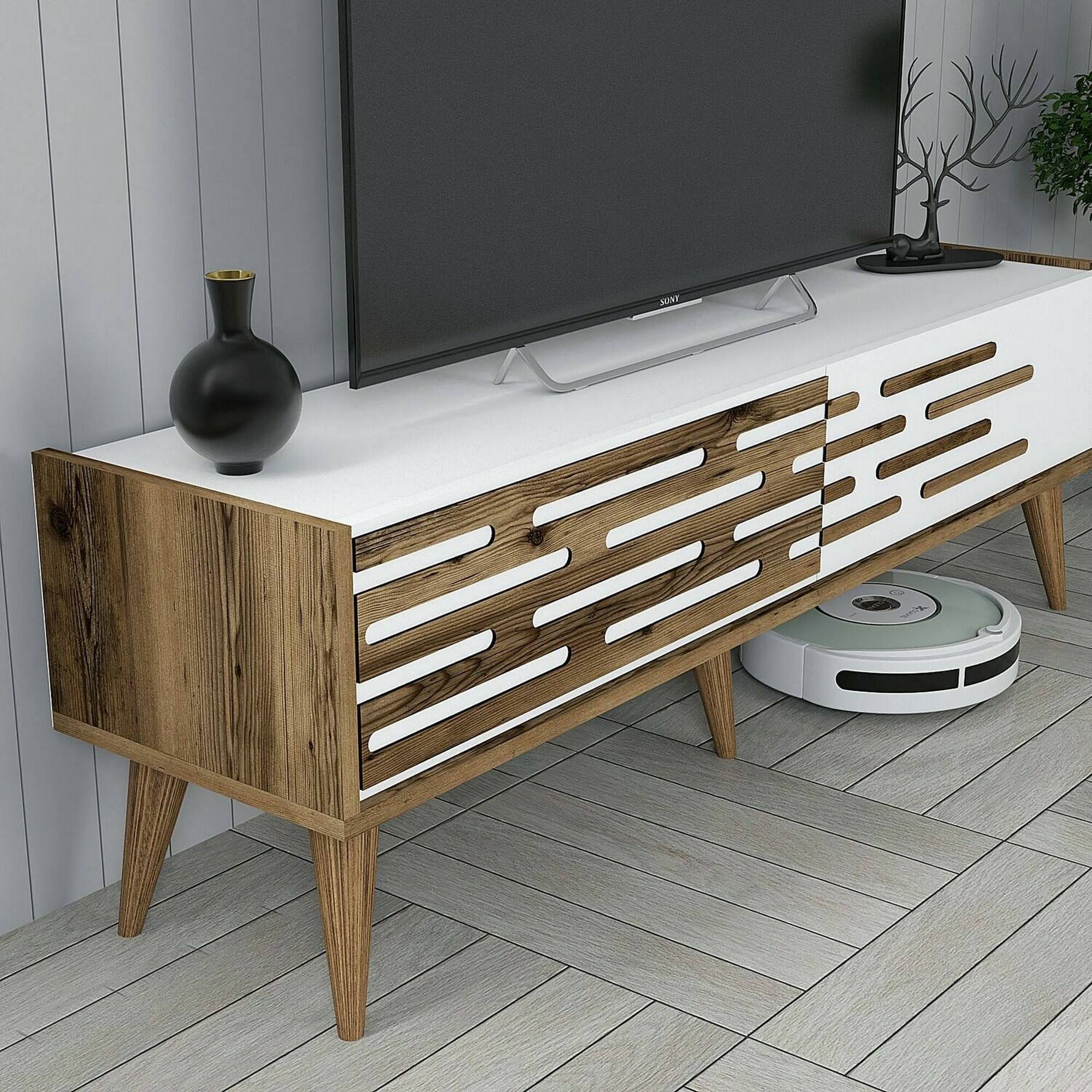 Mobile porta TV Daanesta, Credenza da soggiorno, Armadio basso per TV, Base parete attrezzata, 140x45h35 cm, Noce e Bianco