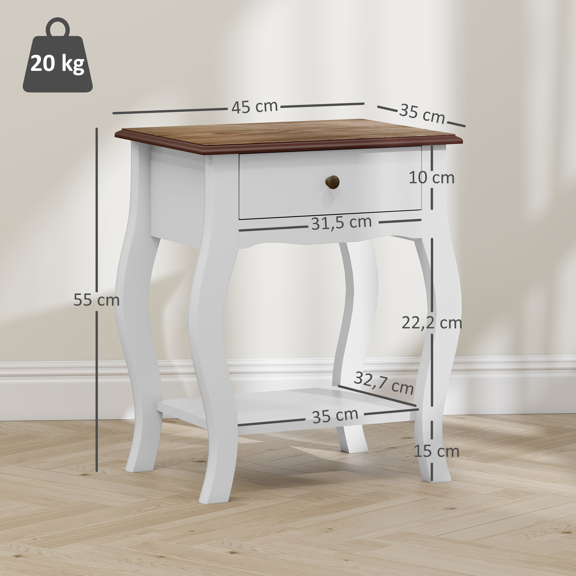 Pack de 2 Mesitas de Noche Mesillas de Noche Dormitorio con Cajón Estante Abierto y Tapa Efecto Roble Estilo Francés para Salón 45x35x55 cm Blanco y Roble