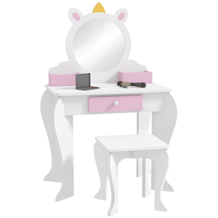 Tocador Infantil con Taburete y Espejo, Tocador para Niñas con Cajón, Compartimentos, Diseño de Unicornio, Mesa de Maquillaje para Niños y Niñas de 3-6 Años, Blanco