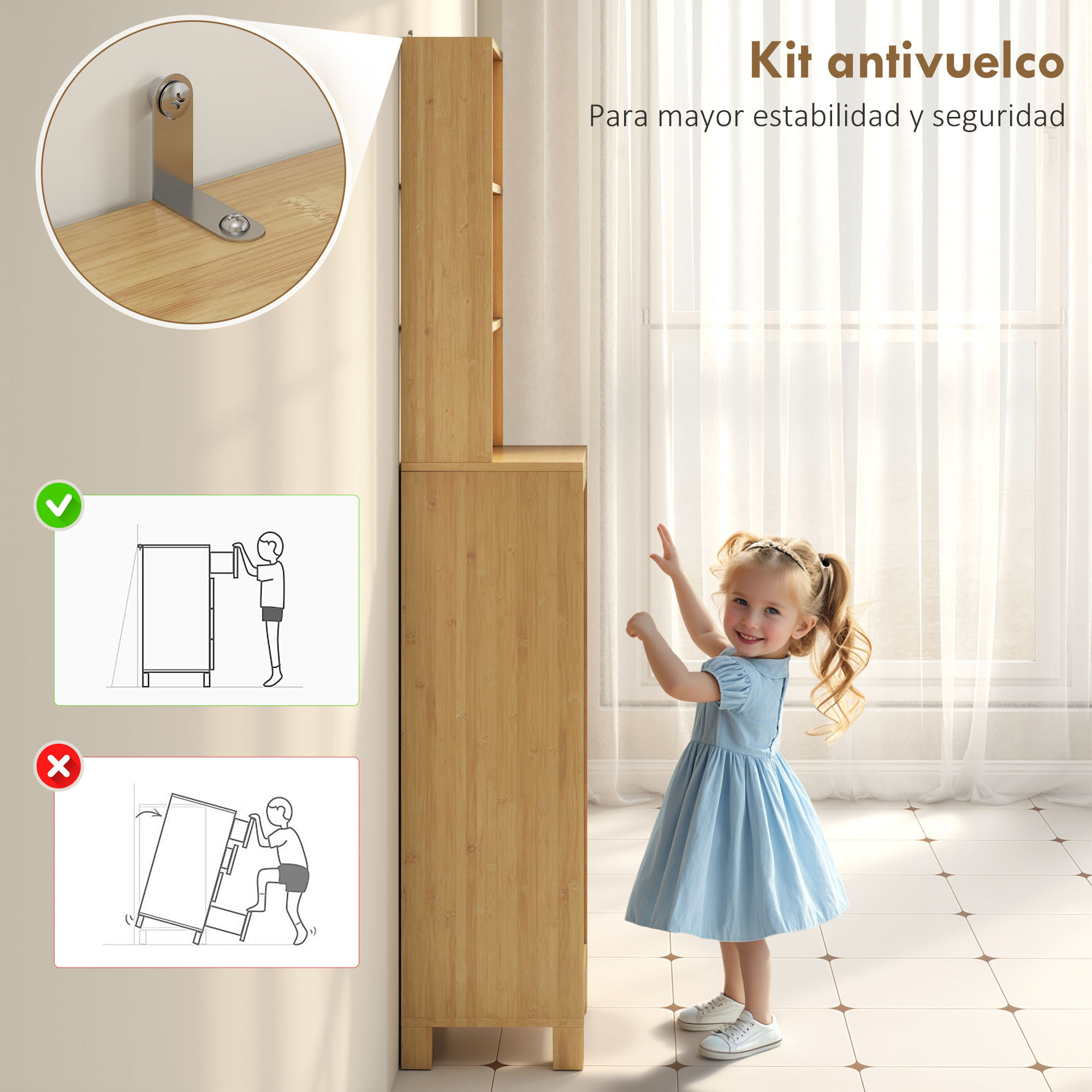 Armario de Baño Alto de Bambú, Columna de Baño Estrecha con 3 Estantes Abiertos, Puerta de Lamas, Estantes Ajustables, 34x30x170 cm, Natural