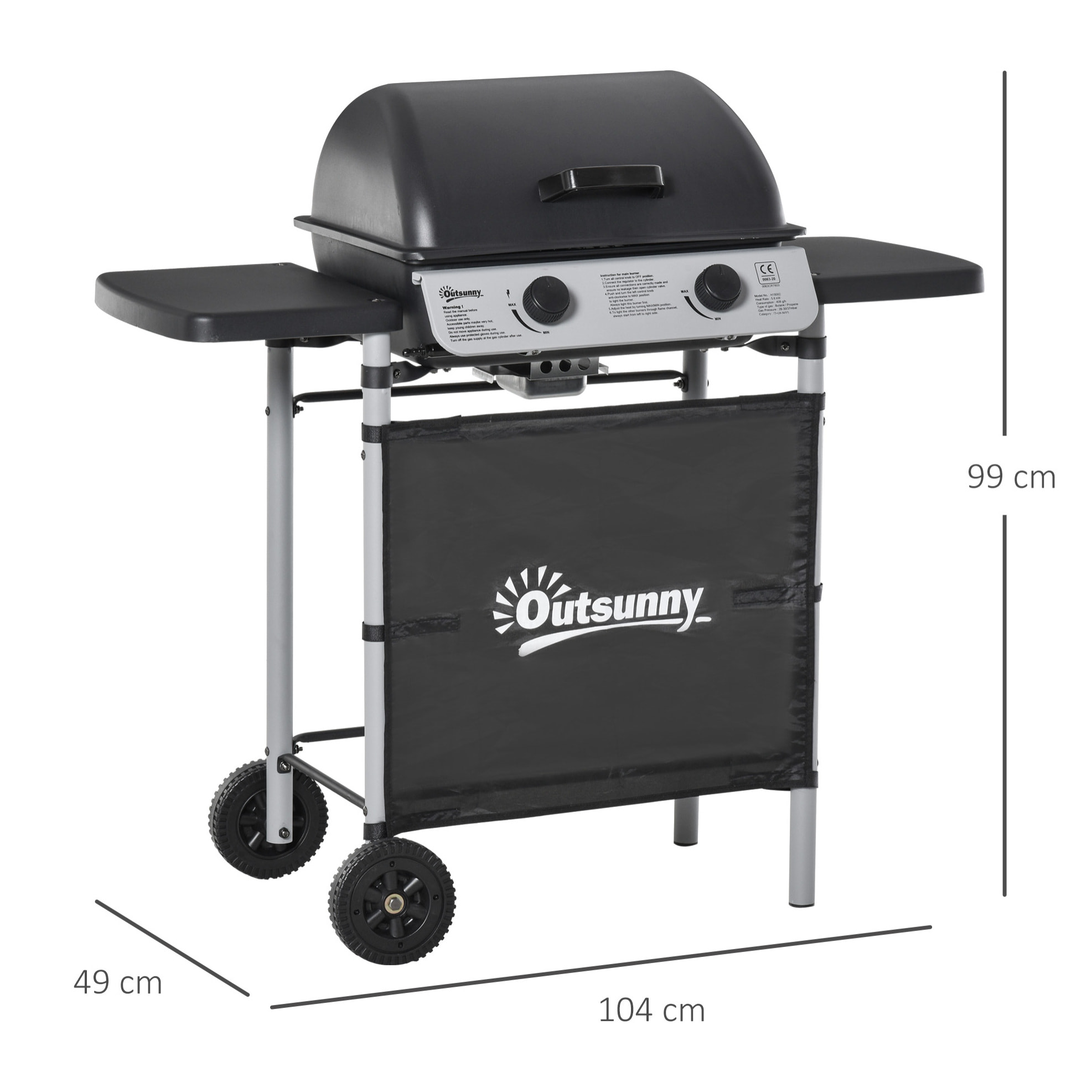 Barbacoa de Gas con 2 Quemadores 5,6 KW BBQ de Gas con 2 Ruedas 2 Mesas Laterales y Parrillas de Acero para Picnic Camping 104x49x99 cm Negro