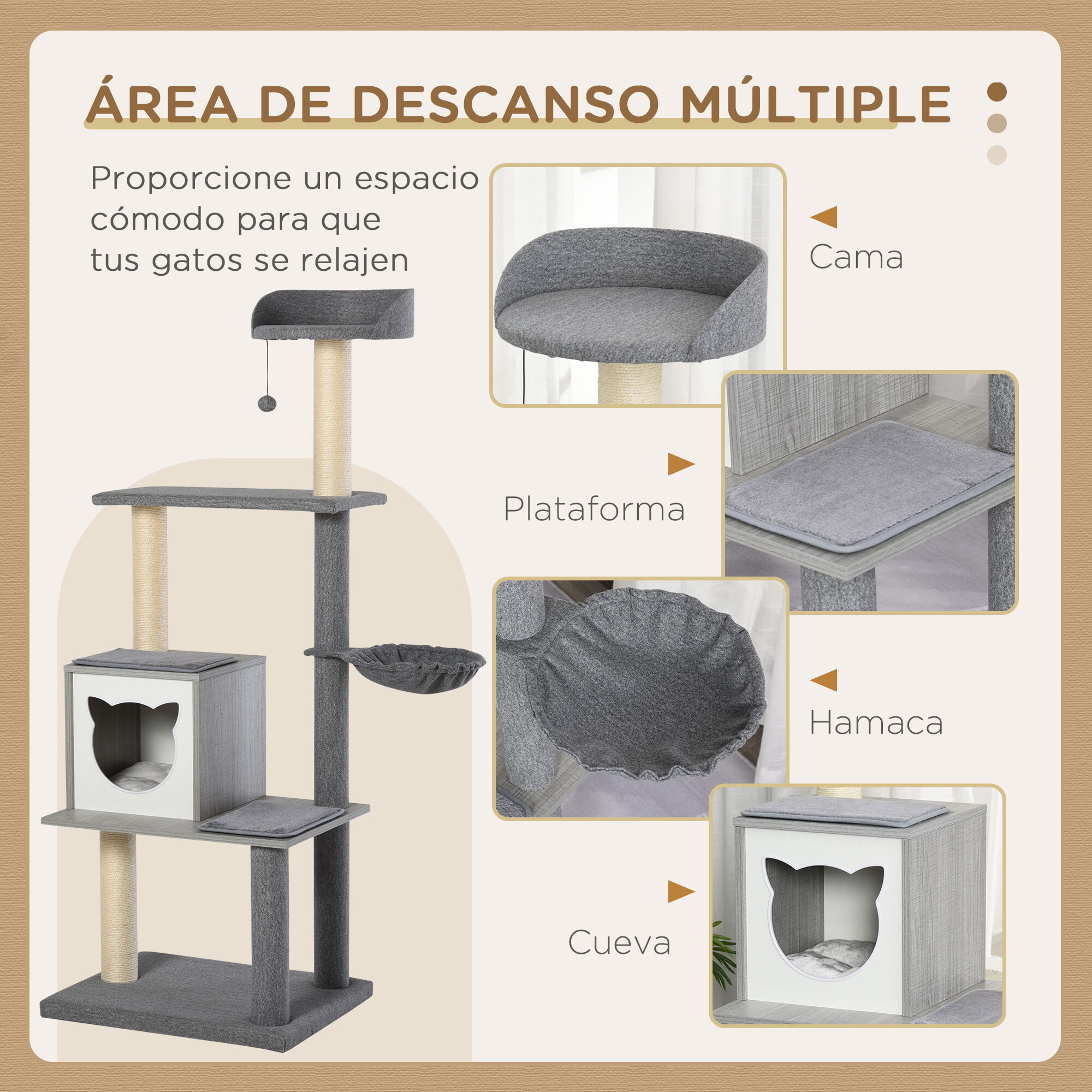 Árbol Rascador de Gatos de Felpa y Sisal 61x49x160,5 cm Gris