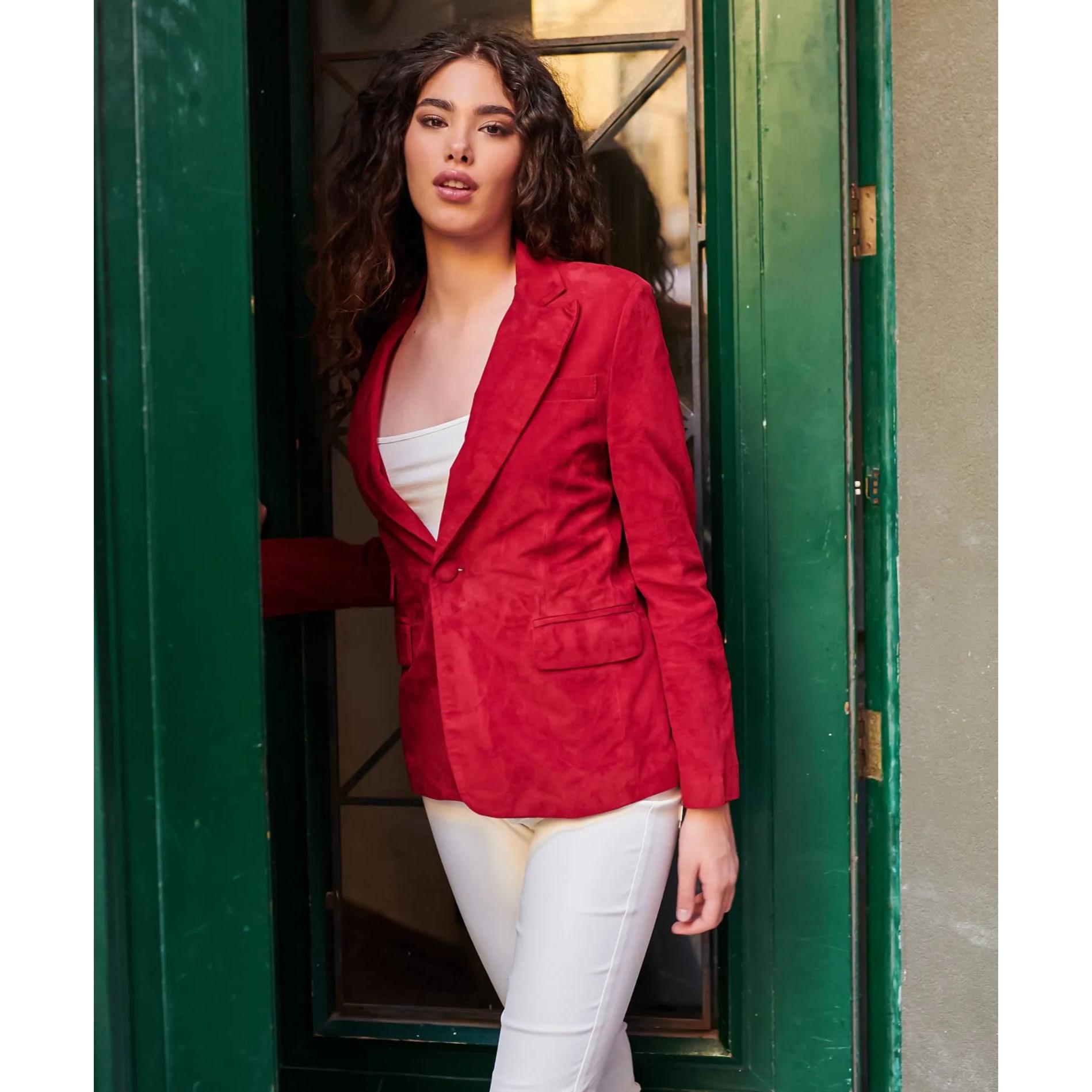 Giacca blazer in pelle scamosciata bordeaux un bottone