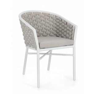 Set di 4 poltroncine MARGALIDA in alluminio bianco con intreccio in corda grigio, con braccioli