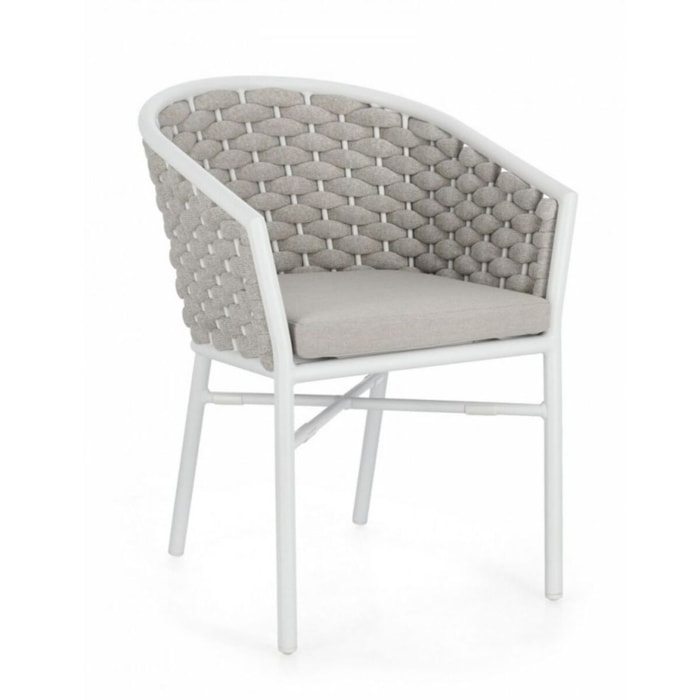 Set di 4 poltroncine MARGALIDA in alluminio bianco con intreccio in corda grigio, con braccioli