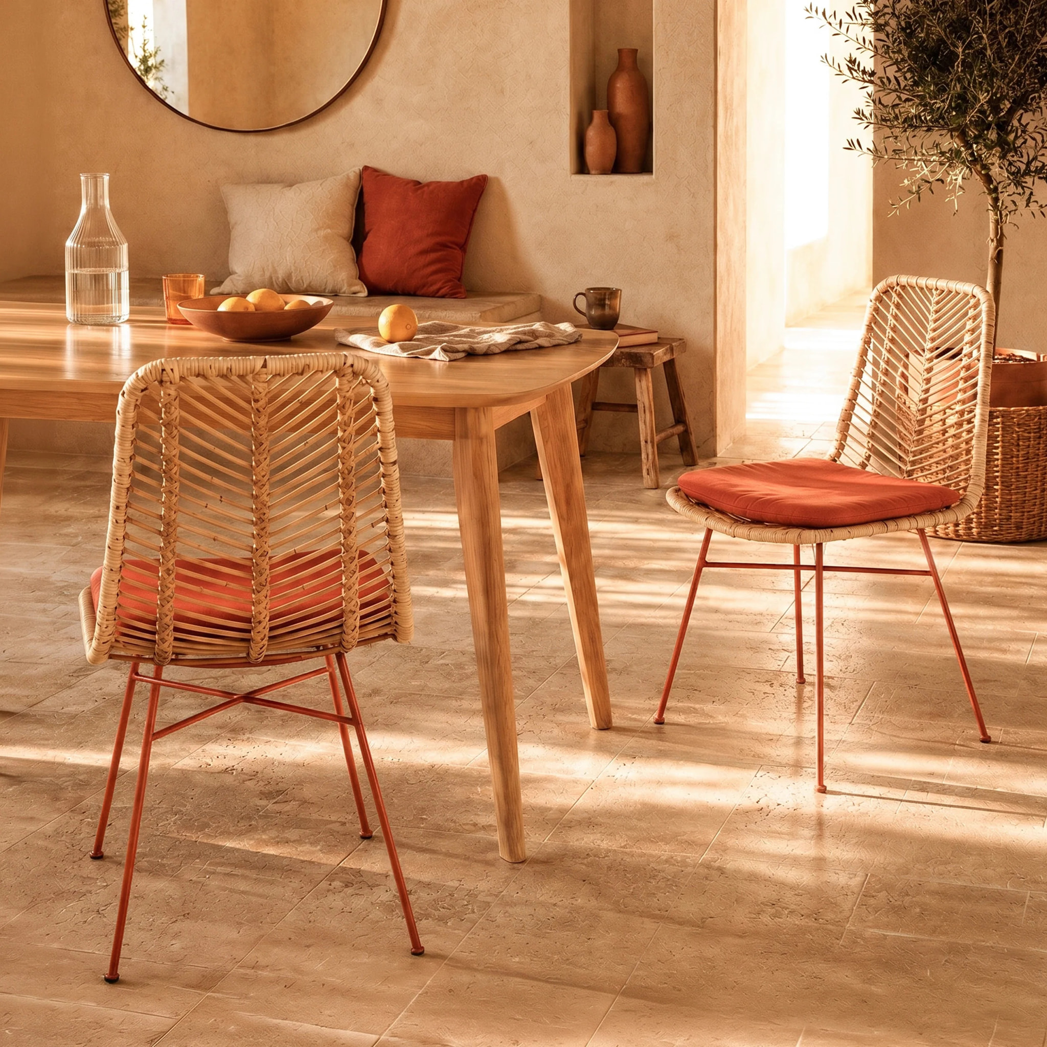 Lot de 2 chaises en rotin et tissu orange vermillon  - Tamara