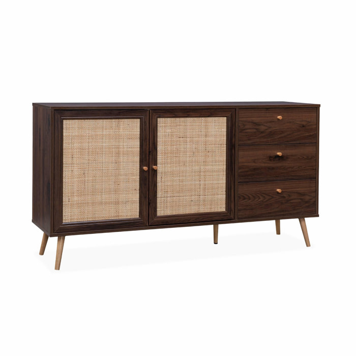 Buffet de rangement couleur bois foncé. en cannage 2 portes 3 tiroirs L150 x l39 x H79cm - Bohème