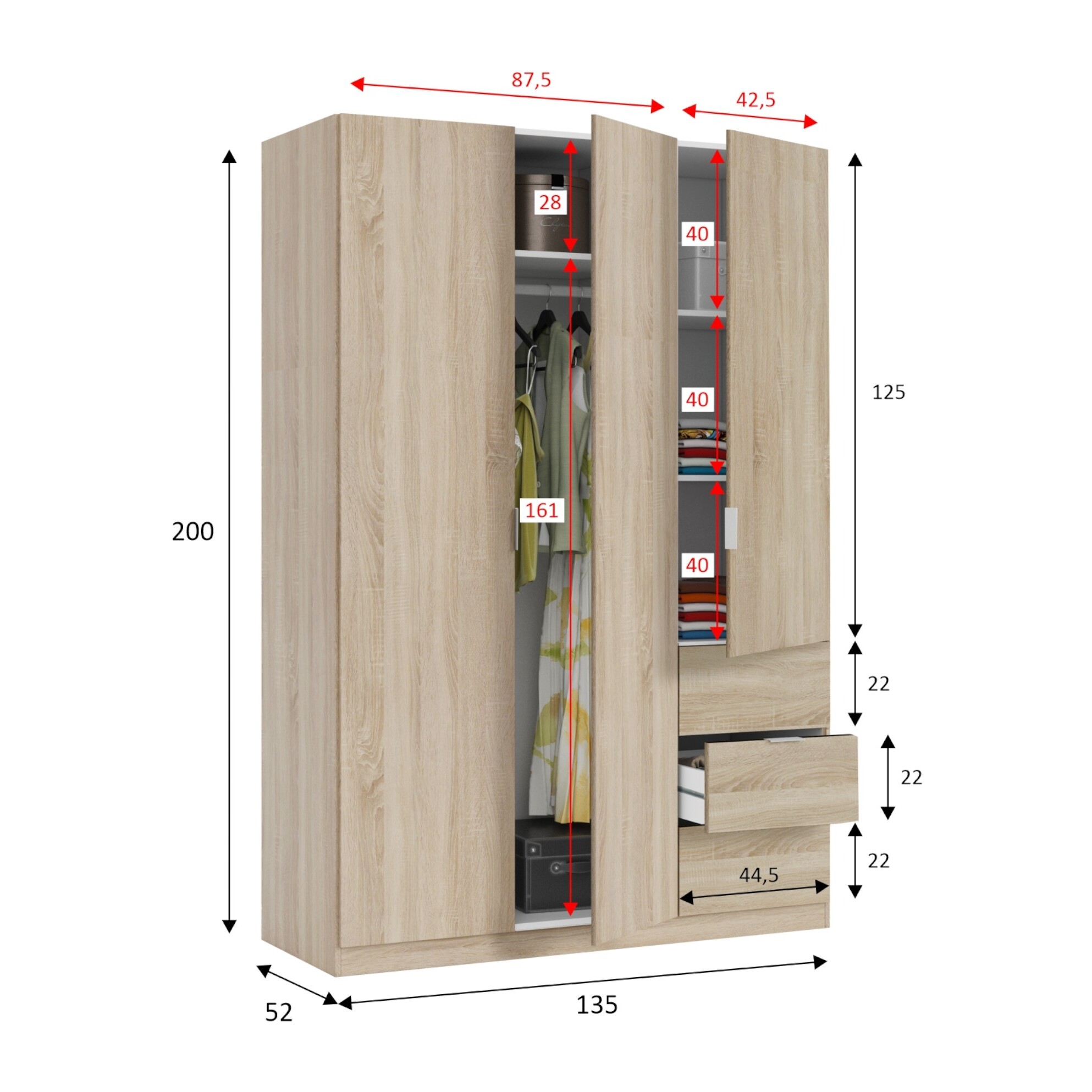 Guardaroba Fullerton, Armadio per camera da letto a 3 ante e 3 cassetti, Mobile con 3 ripiani e barra appendiabiti, cm 135x52h200, Rovere