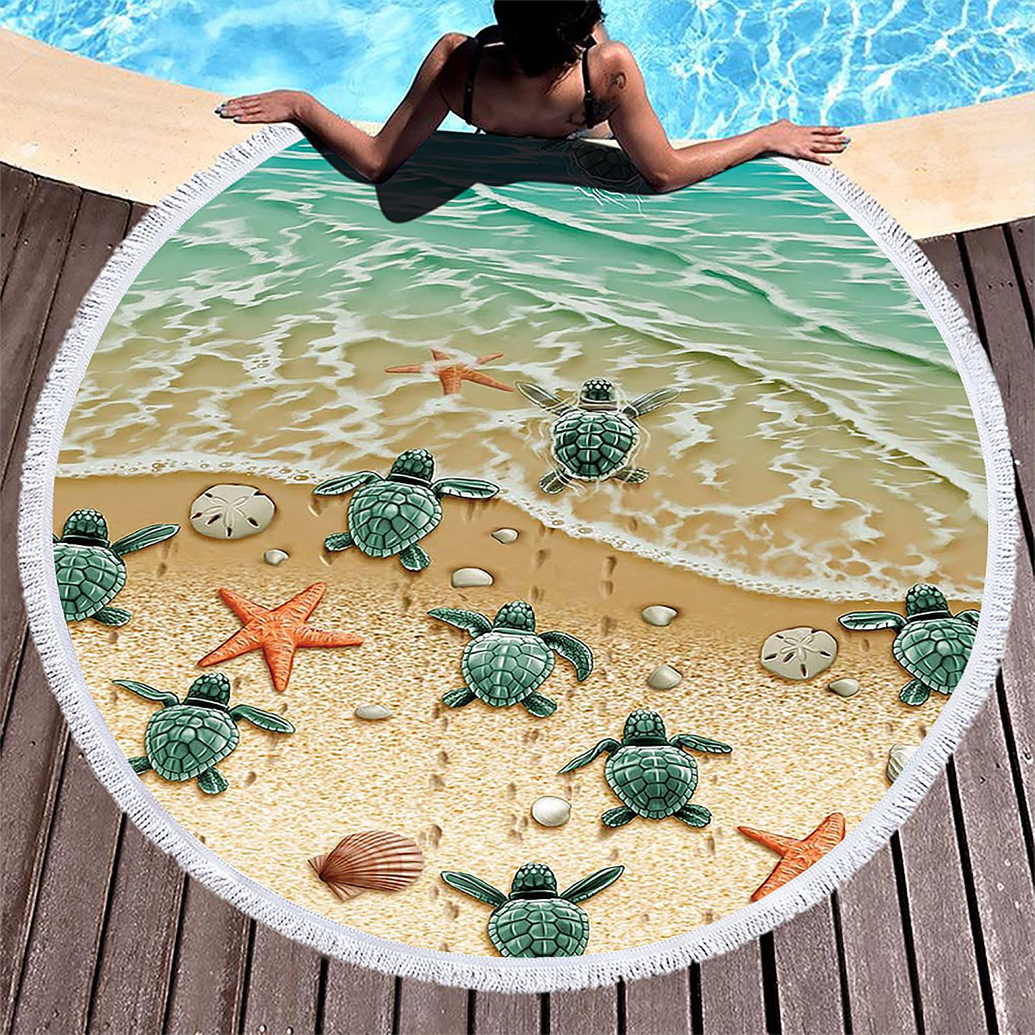 Toalla redonda 150cms 205 GSM. Diseño tortugas y estrellas de mar.