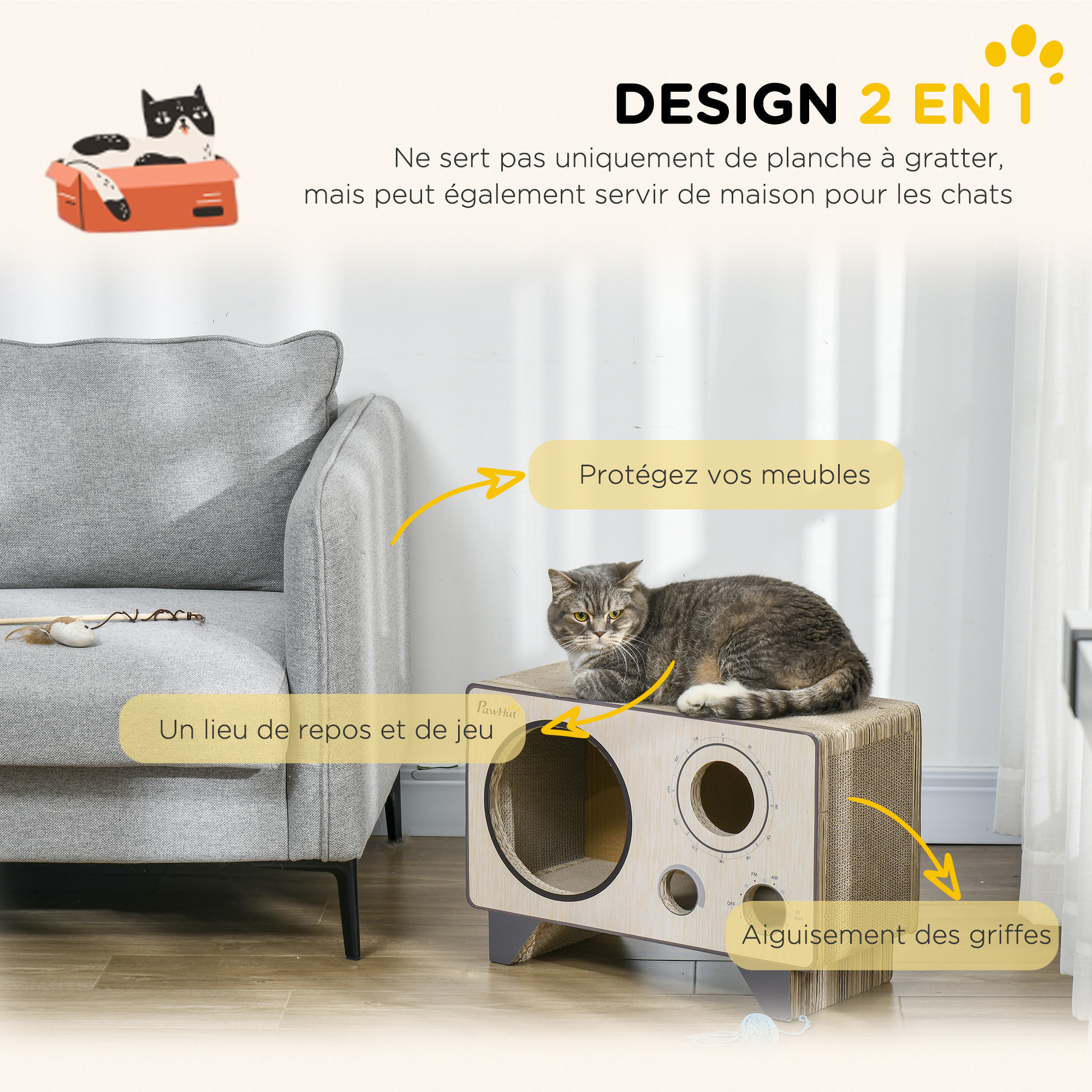 Niche grattoir pour chat 2 en 1 - design radio transistor vintage - carton ondulé