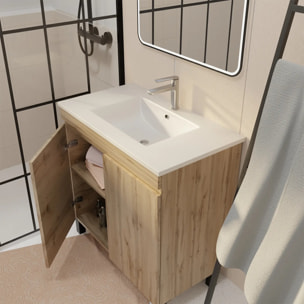Meuble Salle de Bains 70 cm Décor Chêne Naturel à Portes - Vasque céramique blanche et miroir 70x50