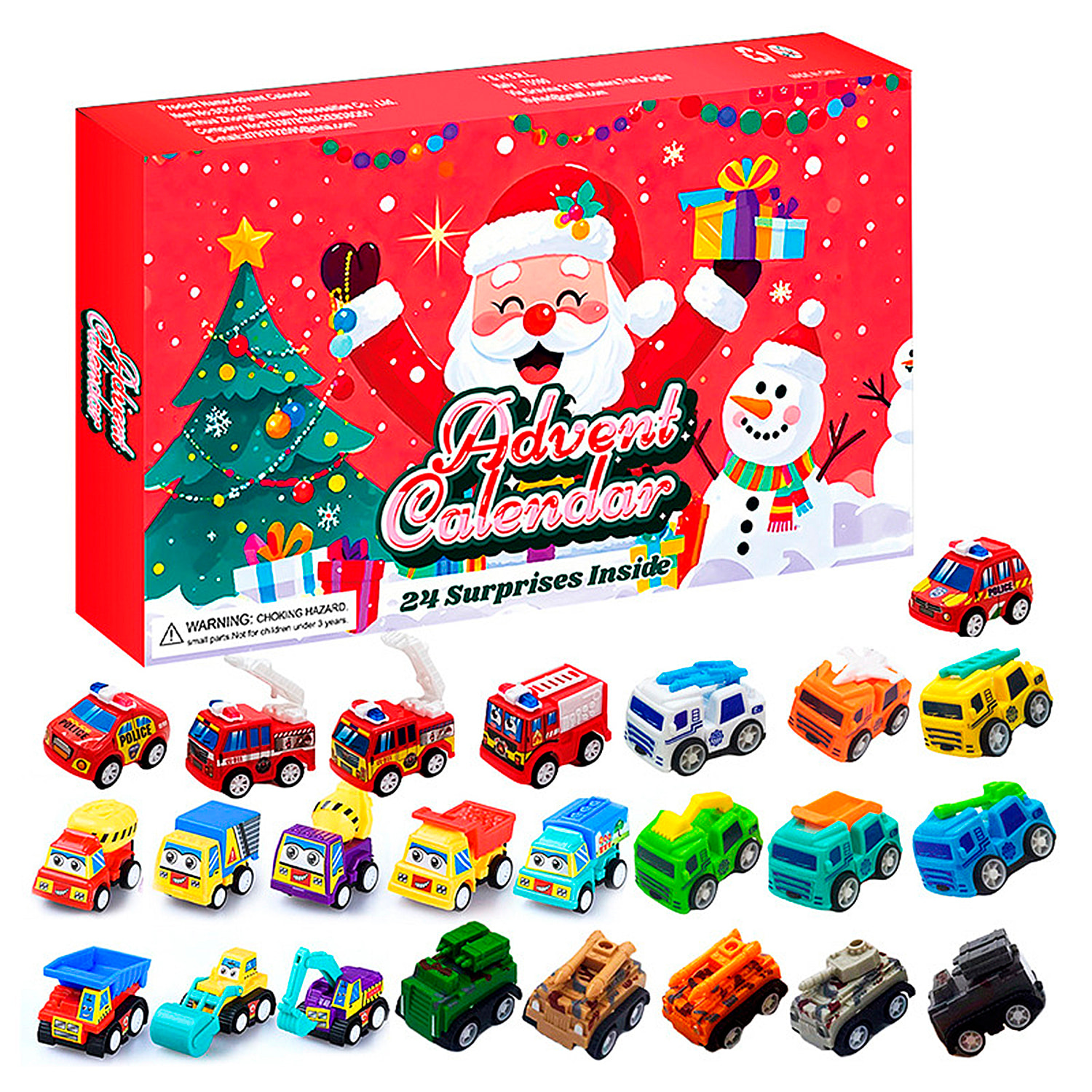 Calendario dell'Avvento con figurine regalo da decorare. 24 figurine di veicoli diversi.