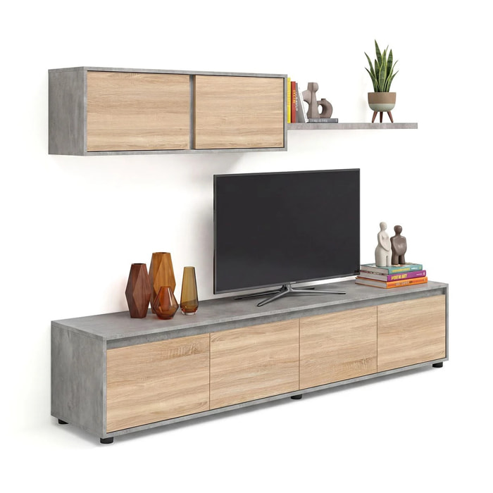 Salón con mueble de TV y estantería en gris cemento y roble canadian 200 cm Arlet Gris Cemento - Roble Canadian