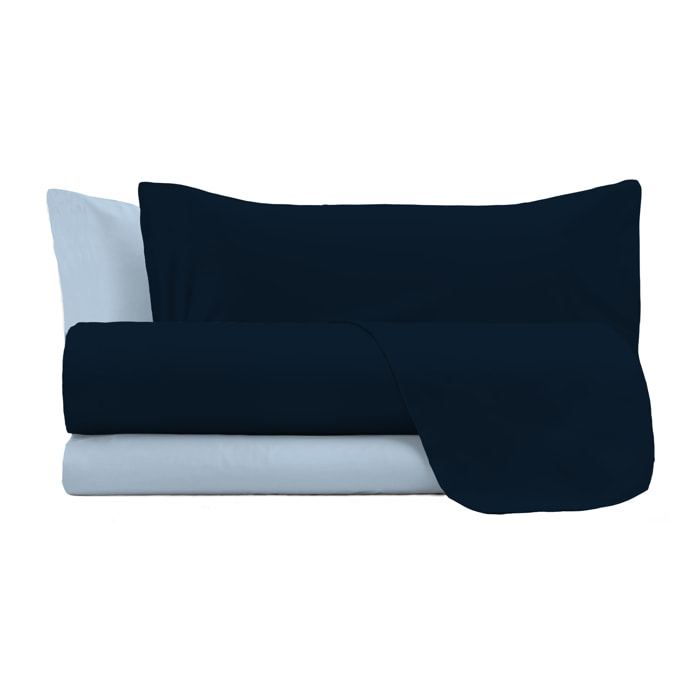 COMPLETO LETTO NATURAL COLOR, 100% Cotone, Made in Italy - BLU SCURO/AZZURRO
