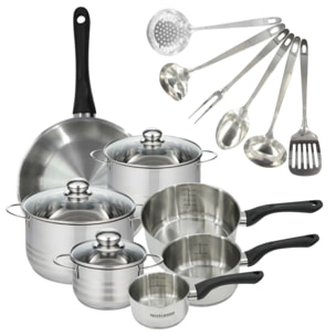 Set 1 poêle,  3 casseroles 12 16 20 cm, 3 faitouts 16, 20 et 24 cm en inox et 6 ustensiles inox Fackelmann Geneva