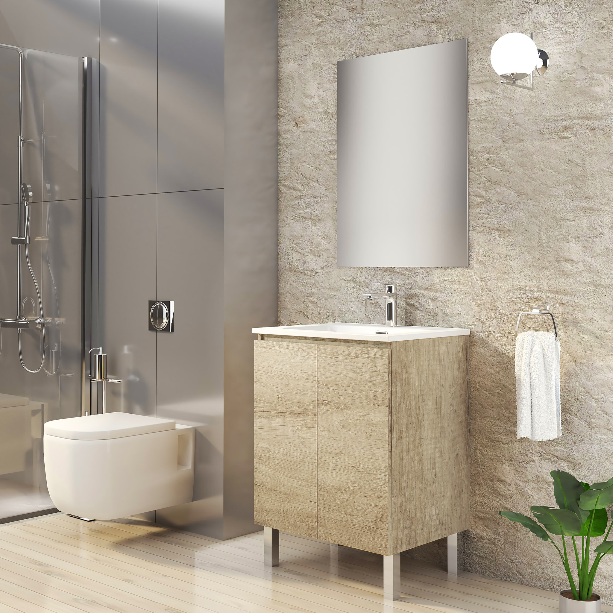 Ensemble de Salle de Bain Lust | 60 cm Nature | Deux Portes | Lavabo Encastré | N'inclut pas le Miroir | Meuble Assemblé | Alday