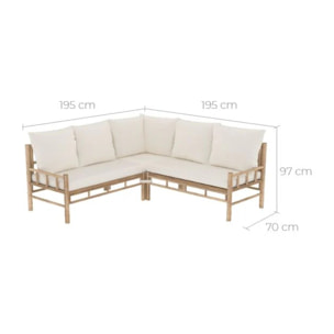 Canapé d'angle de jardin 4/5 places en bambou et coussins blancs - Vadella