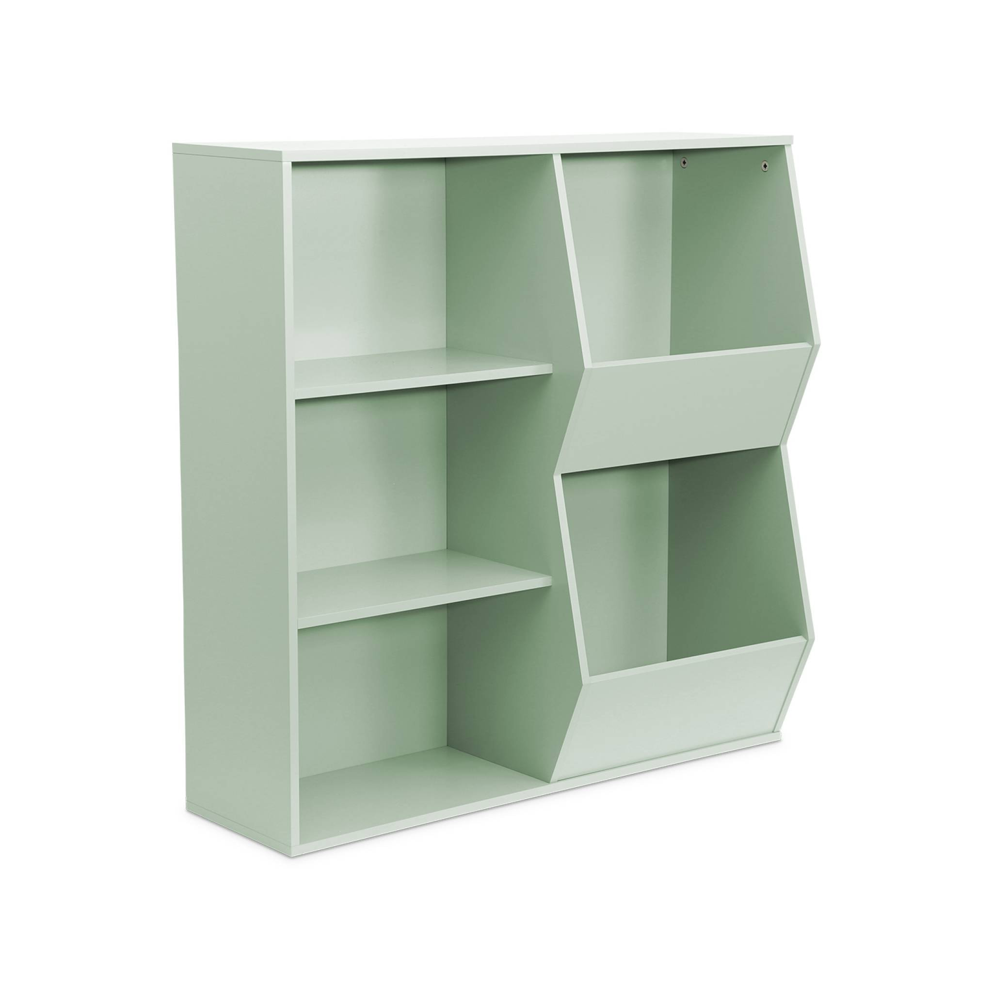 Meuble de rangement enfant vert. 3 étagères et 2 espaces de rangement