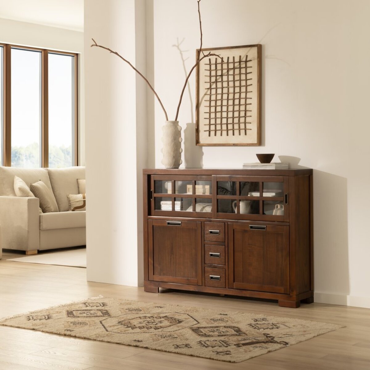 Buffet Kenia -bois massif de mindi et placage naturel de mindi-couleur teck 145 x 105 x 30 cm