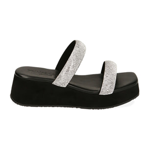 Zapatillas negras de microfibra, tacón de cuña 5,5 cm