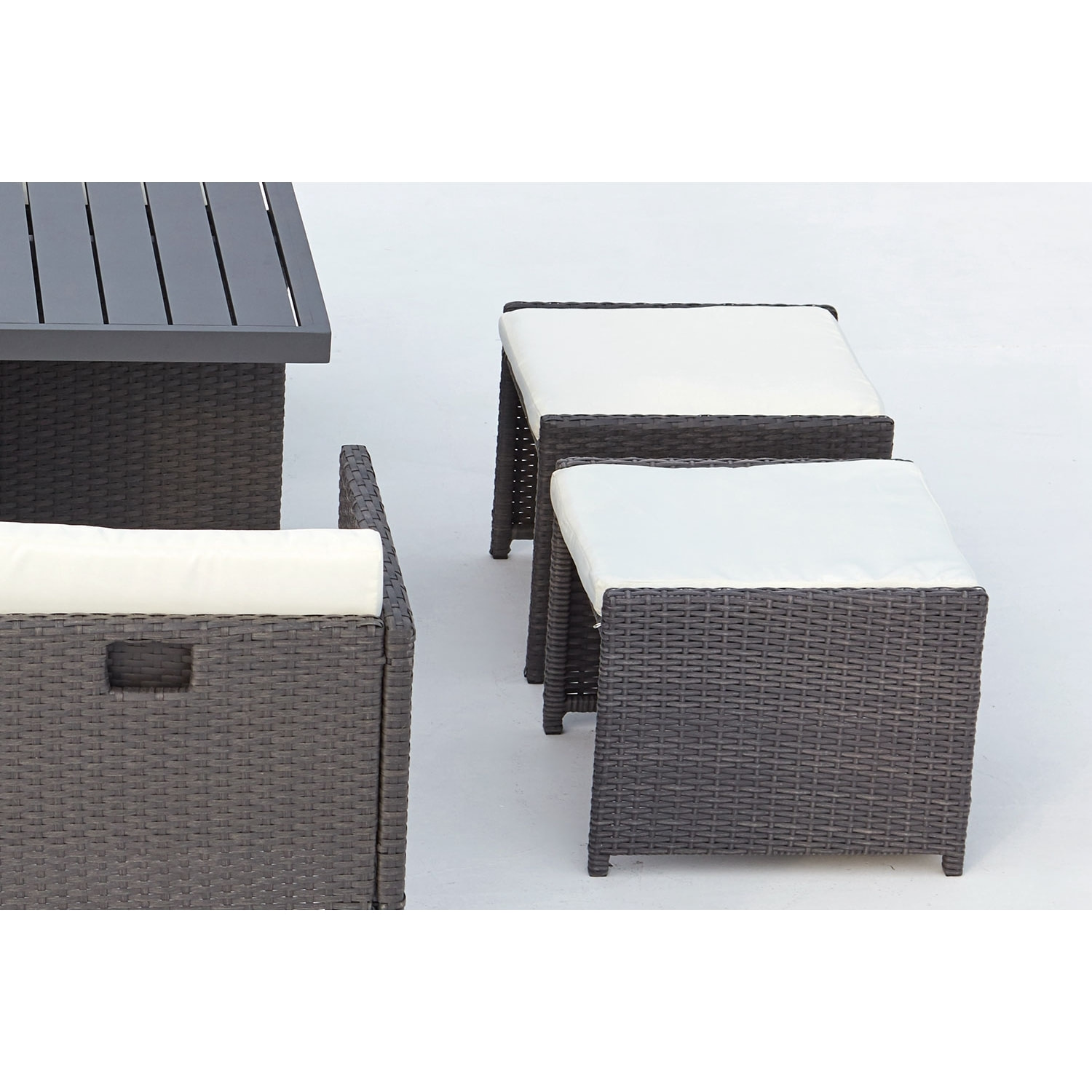 Table et chaise 8 places encastrables alu résine gris-blanc ABASA