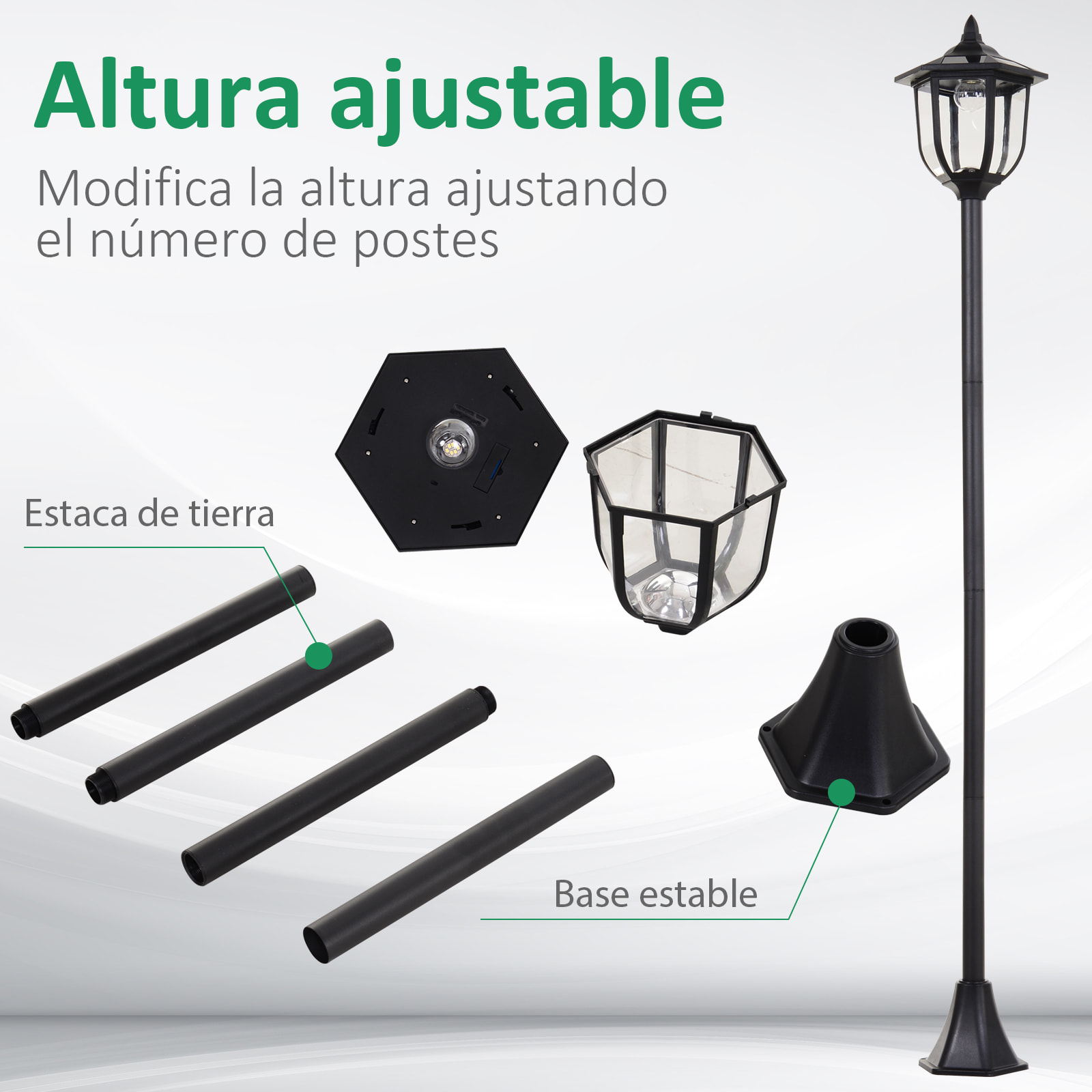 Conjunto de 2 Farolas Solares Luces de Solar para Jardín con Panel Solar Encendido Automático Protección al Ambiente y 6 Luces LED para Terraza Patio Ø26,5x177 cm Negro
