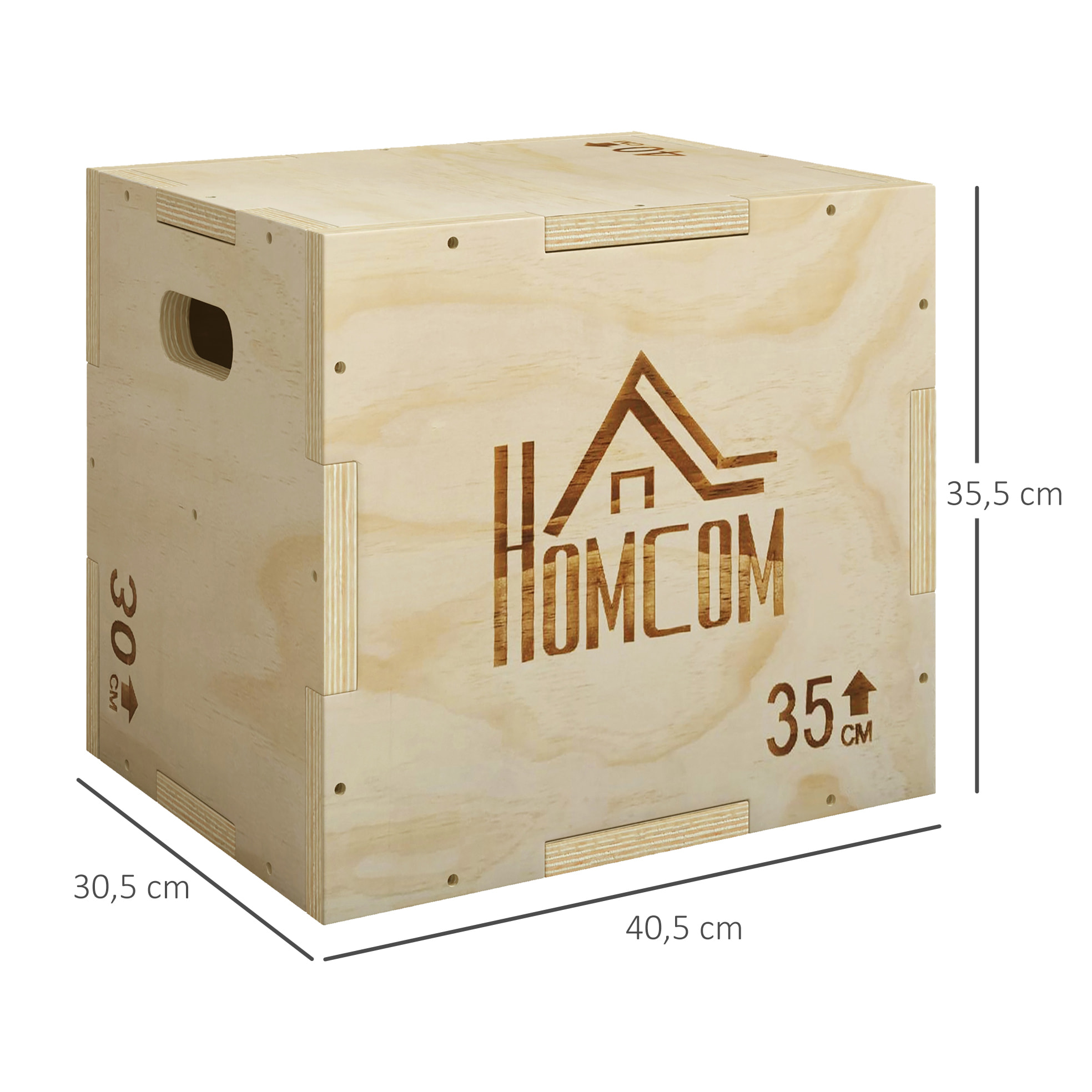Cajón Pliométrico de Madera 3 en 1, Plataforma de Caja Pliométrica con 3 Alturas Diferentes, 2 Mango Hueco, Entrenamiento de Salto, Fuerza, para Casa, Gimnasio y Exterior, 40,5x35,5x30,5 cm