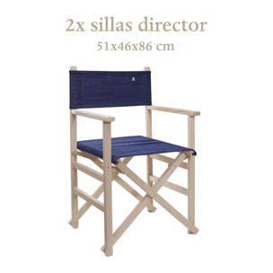 Set de 2 sillones director plegables estructura sin barniz con lona color azul oscuro