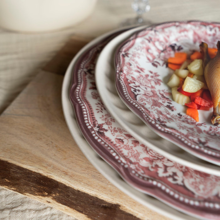 Lot de 6 assiettes à dessert fleuries en grès rose 20cm FAUSTINE