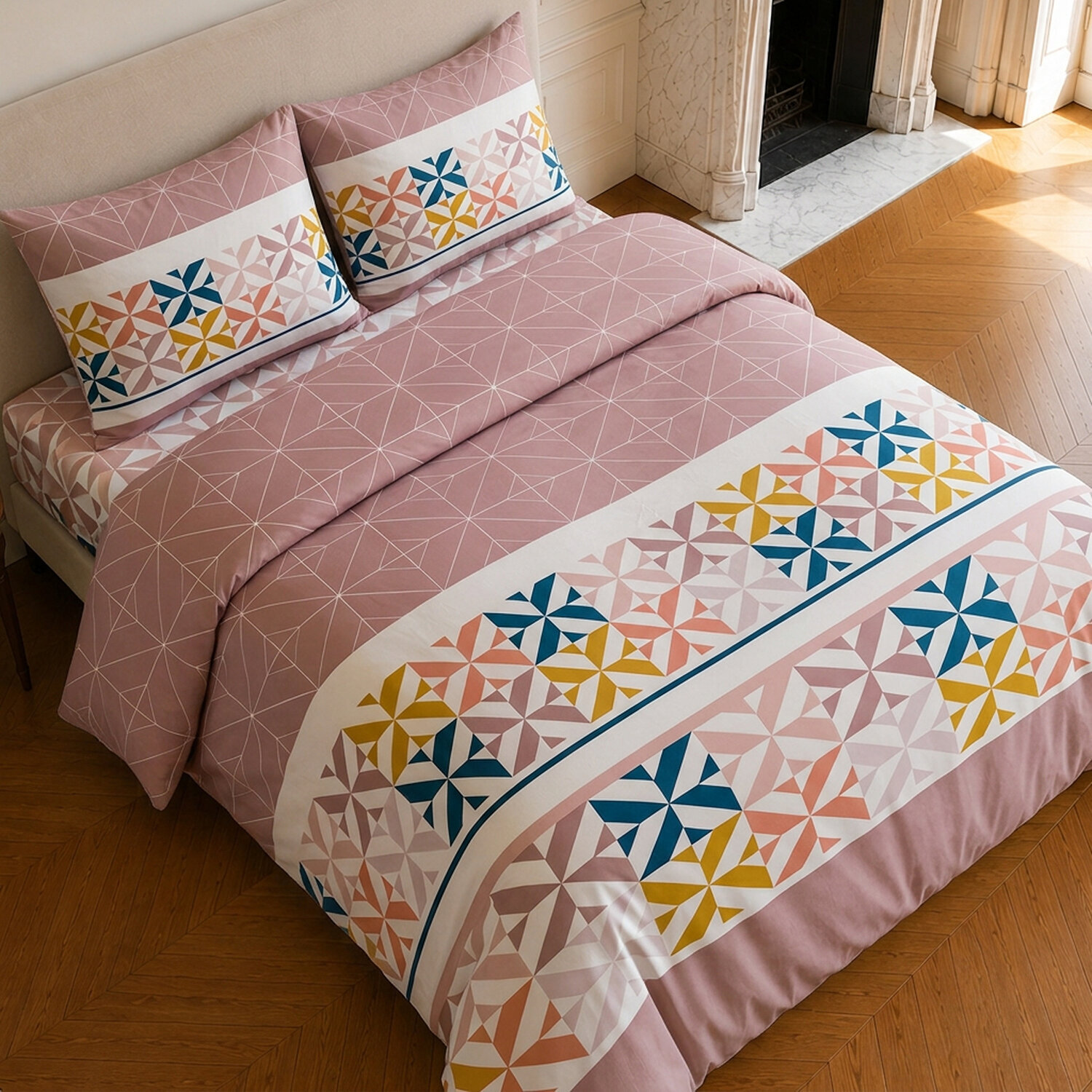 Parure housse de couette 100% coton motif géométrique - BLUEBERRY