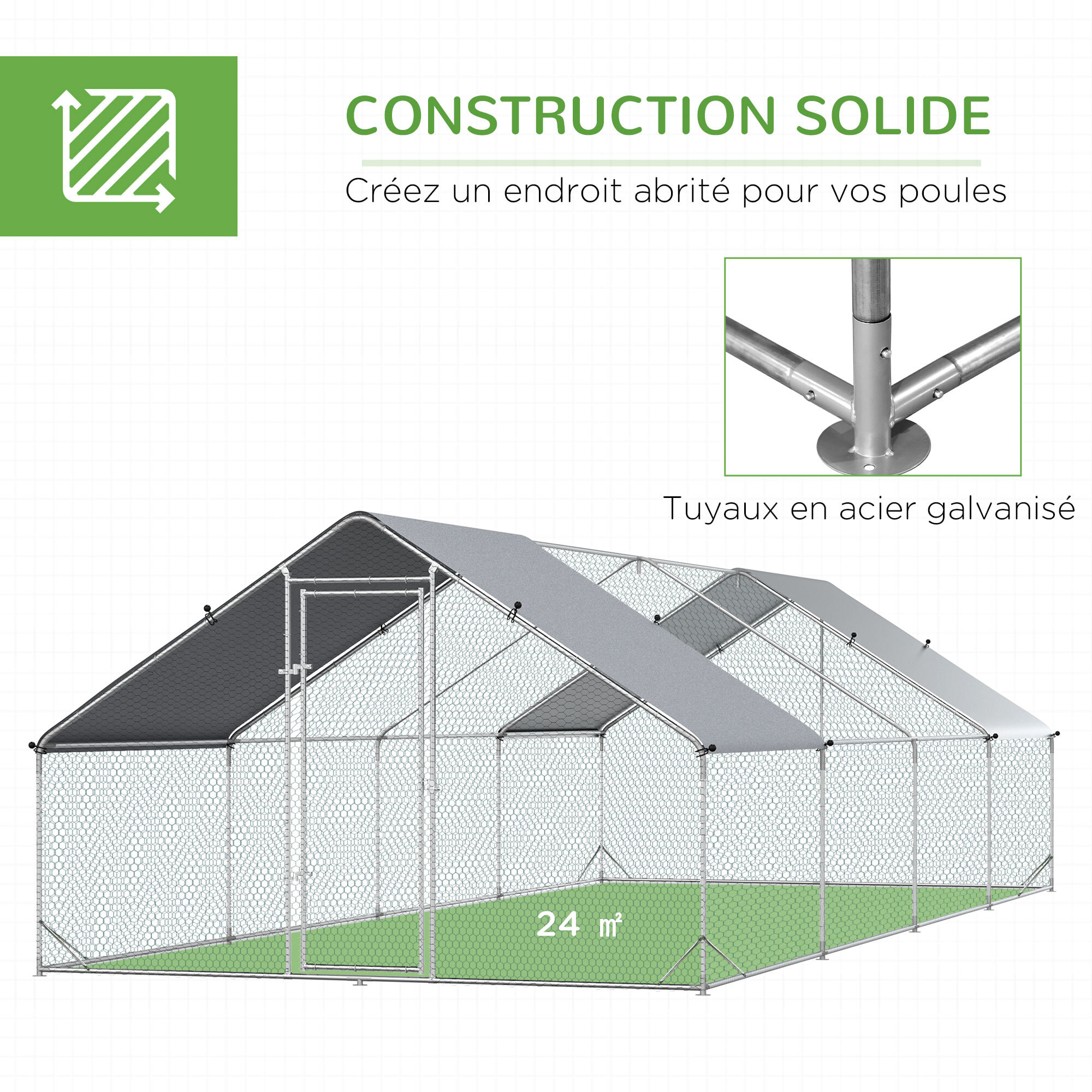 Enclos poulailler chenil 24 m² - parc grillagé dim. 8L x 3l x 2H m - double espace couvert - acier galvanisé