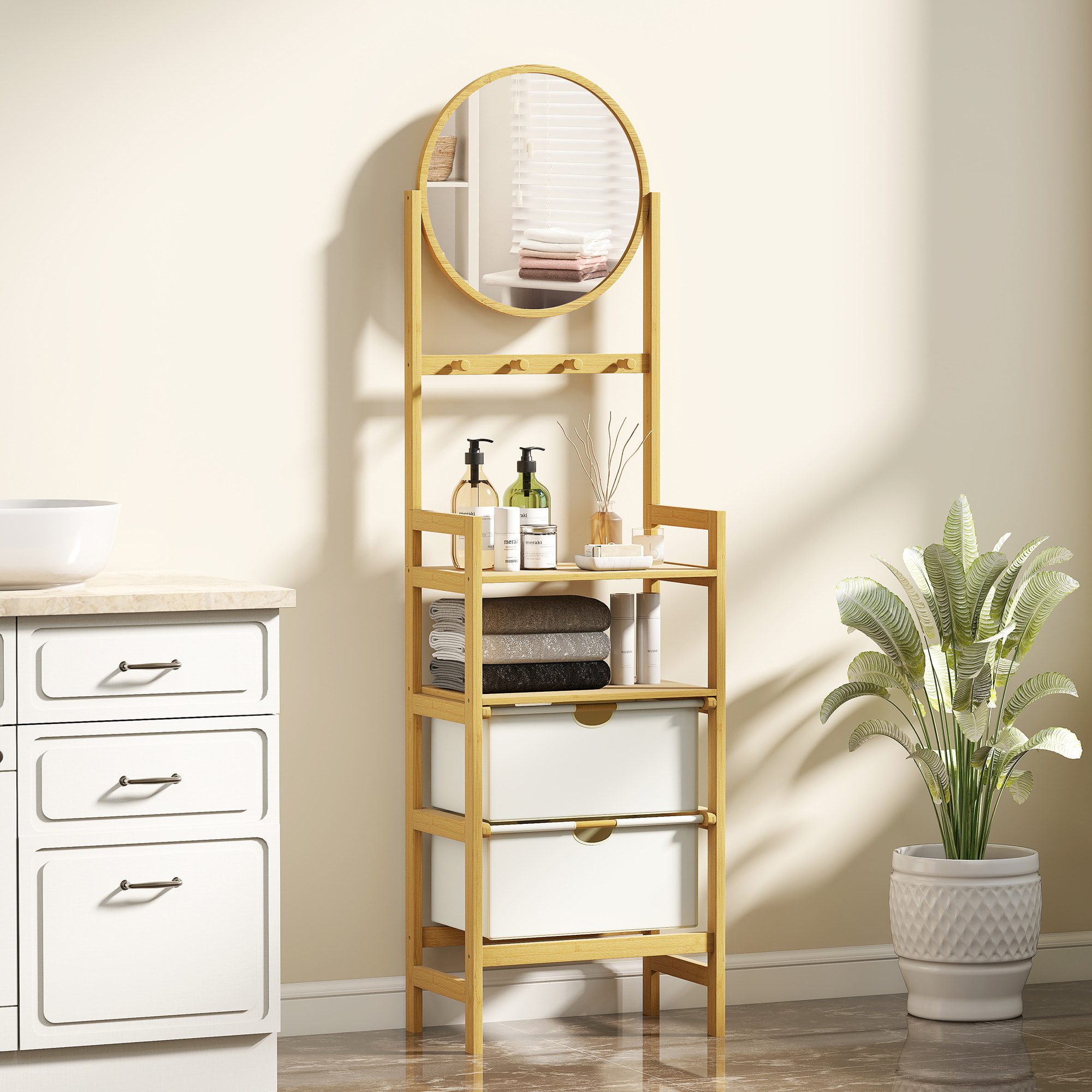 Estantería de Baño de Bambú con Espejo Estantería de Almacenaje con 4 Ganchos 2 Estantes Abiertos y 2 Cajones de Tela para Cocina Baño Salón 48,5x30x170 cm Natural